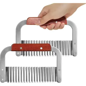 2 Pack Crinkle  for Veggies - Stainless Steel Wavy    w/Wooden Handle - Crinkle Sweet   Fries Slicer Cut Tool for Chopping Carrots, Cucumber, Soap