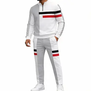 High-End Patchwork Men's Tracksuit, Half-High Collar Zipper Design Commuter Sweatshirt & Pants Two-Piece Set