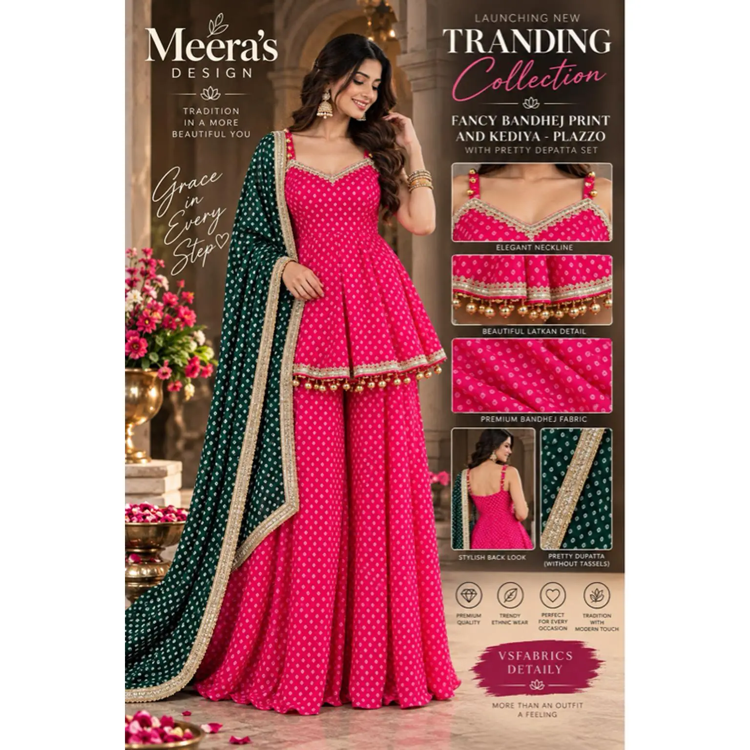 Meera's Design Fancy Bandhej Print Kediya Palazzo Set with Dupatta Heavy Faux Georgette Elastic Waist Micro Cotton Inner Sizes M L XL XXL