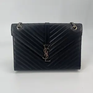 Pre-owned Yves Saint Laurent Leather  Chain Tote Bag YSL LouLou Black Large Matelasse Chevron
