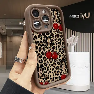 Case for iPhone 17 Air 16 15 14 Pro Max 13 12 11 XR XS E Plus Cherry Leopard Style Shockproof Drop Protection Rugged Durable Silicone Cover Cellphone Protective Smartphone Casing