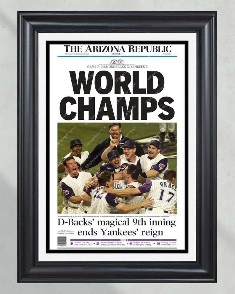 2001 Arizona Diamondbacks World Series Champions Unframed Poster - Randy Johnson & Curt Schilling Era Newspaper Print - Baseball History Decor - AZ Sports Gift
