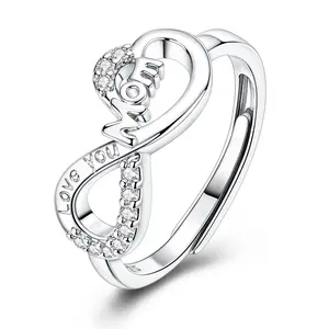 MULA 925 Silver-plated Infinity Mom Ring – Adjustable White Gold Plated Band with Cubic Zirconia, "Love You" Engraved Jewelry Gifts for Mother from Daughter or Son