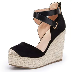 Womens Wedge Espadrille Ankle Strap Closed Cap Platform Heeled Sandals