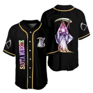 Santa Muerte Baseball Jerseys for Men – Skull Saint Graphic Button Up Shirt, Streetwear Style