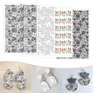 4 Pcs polymer clay transfer paper with unique floral and abstract patterns, ideal for jewelry earring making and DIY