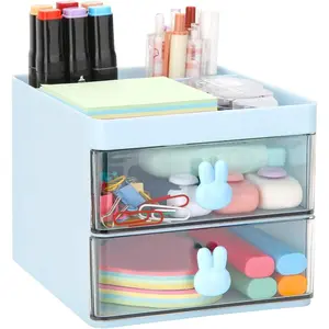 Small Desk Organizer With Drawer, Office Desktop Storage Box, Business Card/Pen/Pencil/Mobile Phone/Stationery Holder Storage Box, Makeup Organizer for Office School Home (Blue)