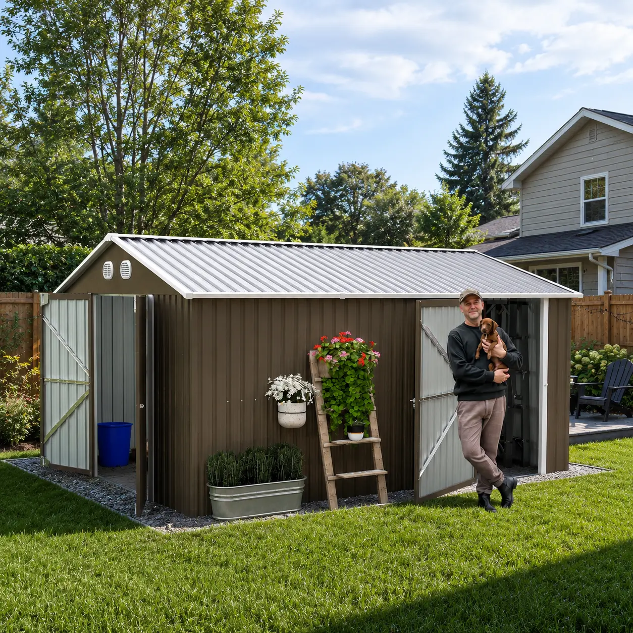 10x12 FT Outdoor Metal Garden Shed – Large Lockable Storage Unit with Sturdy Steel Construction, Weatherproof, Comes with a Foldable Flower Pot Stand as Gift, Great for Backyard, Lawn, Garden Tools, and Equipment