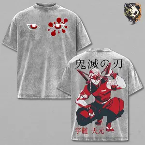 Tengen Uzui Flashy Washed Tee – Demon Slayer Anime Shirt, Sound Breathing Dual Blades Graphic, Acid Washed Heavy Cotton, Double Printed Oversized Unisex Streetwear