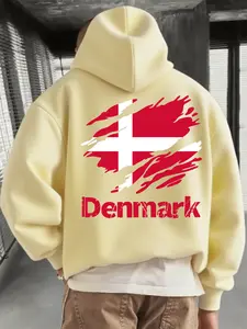 Men's Denmark Front & Back Print Hoodie, Fall Winter Casual Fitted Long Sleeve Sweatshirt, Fashion Daily Wear Clothing