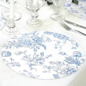 10-Pack Disposable Table Placemats in French Toile Print 13" in Matte White/Blue - Chic Floral Cardboard Placemats for Stylish Table Setting