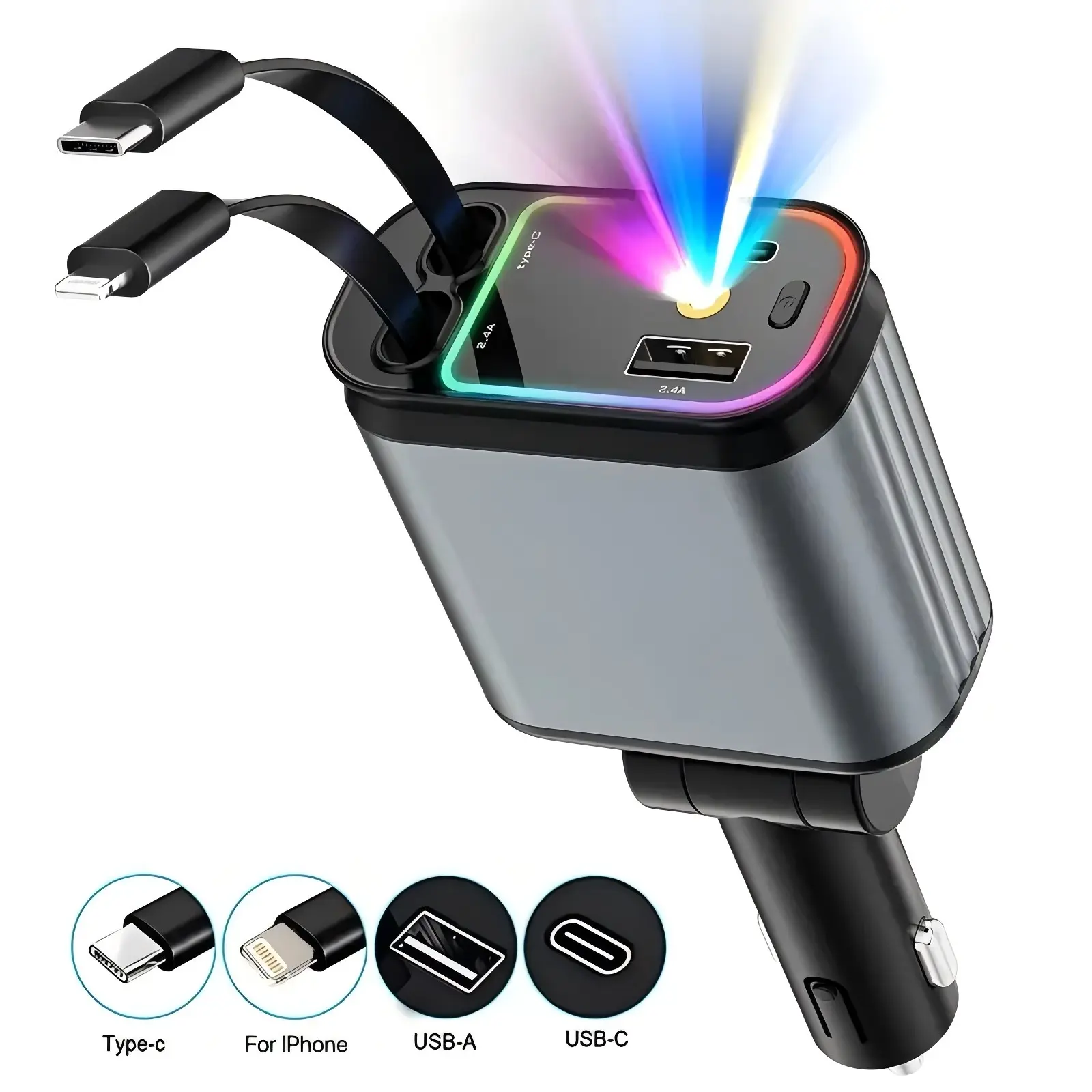 Starlight Retractable Car Charger Adapter for iPhone 17,4 in 1 Fast Charging Car Multi-Phone Charger,69W USB C Car Truck Accessories,Road Trip Essentials Gift for Men Women for iPhone 17/16/15/14/13
