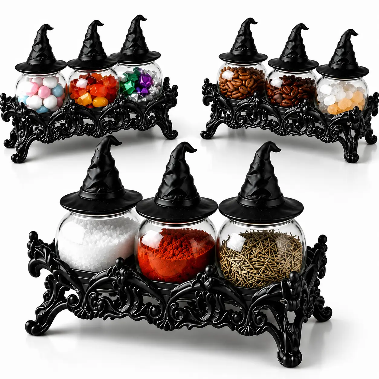 Witch Hat Shape Glass Storage Jars with Resin Stand, Decorative Apothecary Containers for Spices, Candy, Coffee Beans, Tea, Snacks, Nuts, Dried Fruit, Kitchen Counter Decor & Unique Home Gift Idea