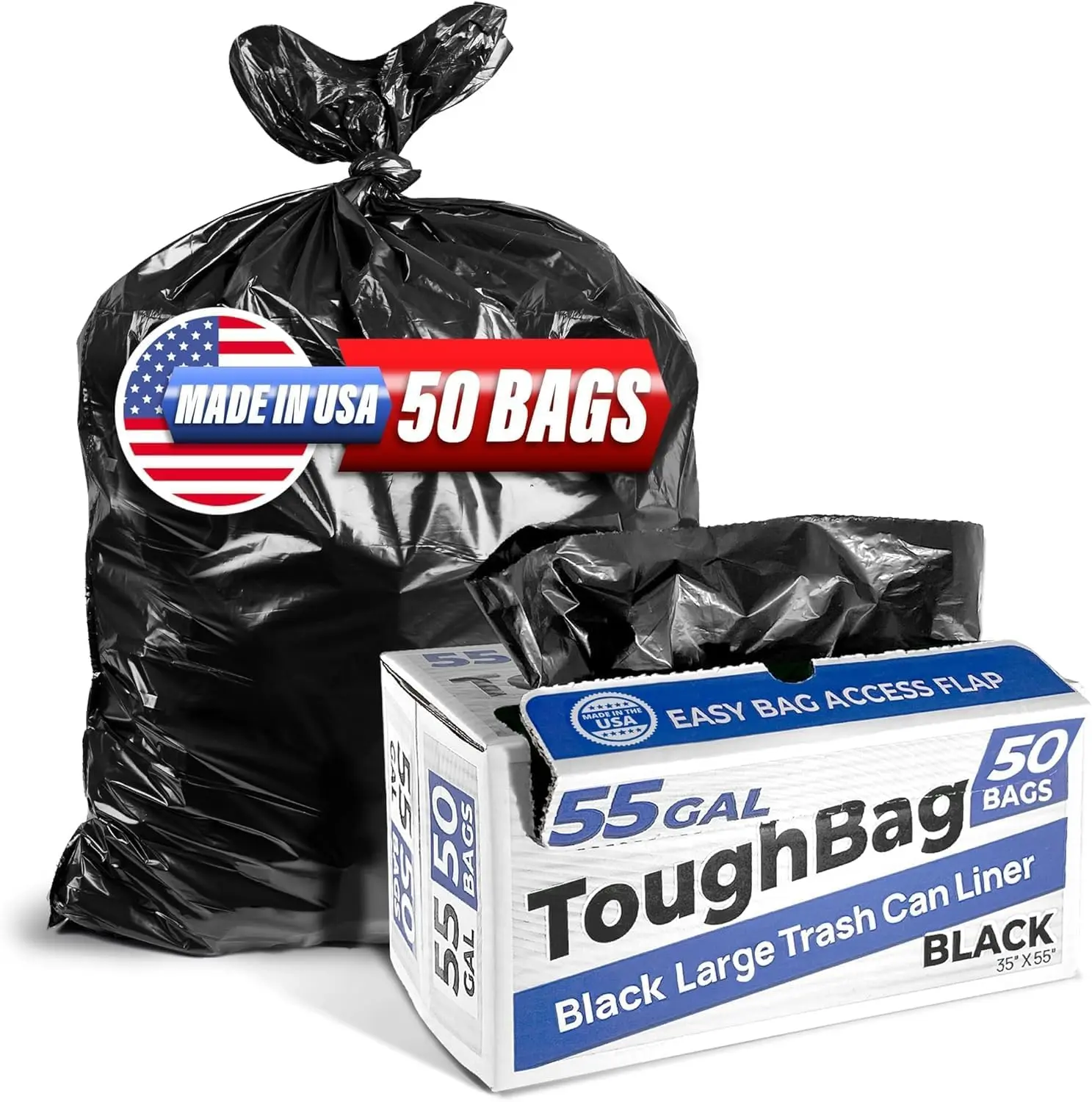 ToughBag 55 Gallon Trash Bags, 50-Count Heavy-Duty Black Can Liners for 55–60 Gallon Contractor, Commercial and Lawn Bins