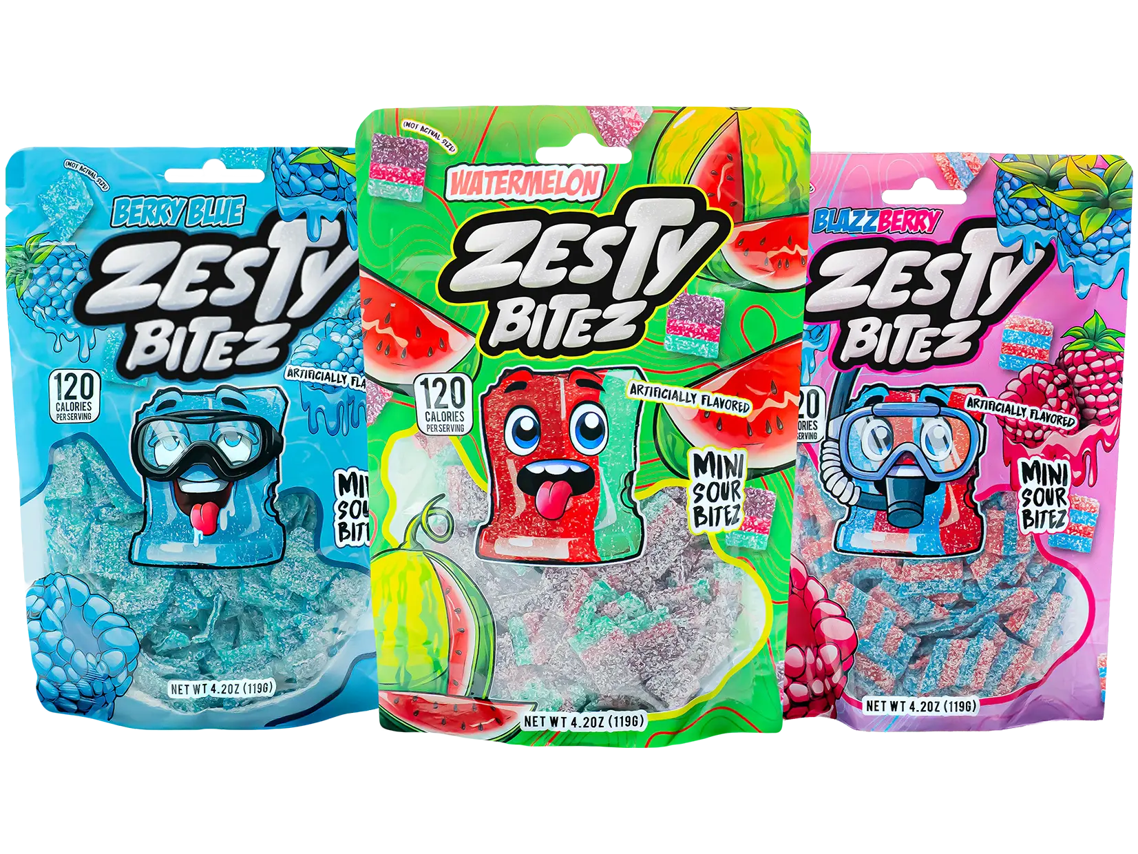 Zesty Bitez Top Seller Trio - Mini Snack Bites in Blazzberry, Berry Blue, and Watermelon Fruity Flavors Candy Sour Sweet