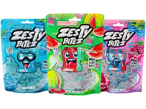 Zesty Bitez Top Seller Trio - Mini Snack Bites in Blazzberry, Berry Blue, and Watermelon Fruity Flavors Candy Sour Sweet