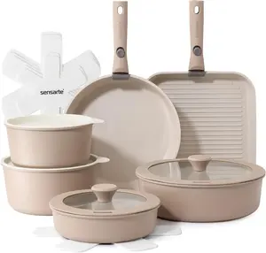 17 Piece Ceramic Pots and Pans Set, Nonstick Detachable Handle Cookware, Induction Kitchen Cookware Set with Removable Handle, Dishwasher ＆ Oven Safe (Almond Beige)
