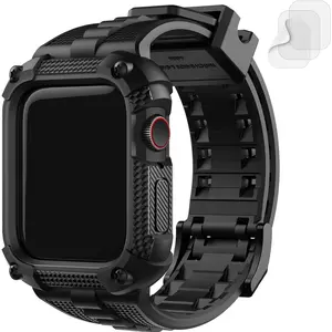 WBA-PP Compatible with Apple Watch Bands 45mm 44mm Series 9/8/7/6/5/4/SE2/SE, TPU Rugged iWatch Strap Military Grade Shockproof Bumper Case with Screen Protector for Men Women (44mm, Black) Silicone Wearable Protective Red Protection Cover