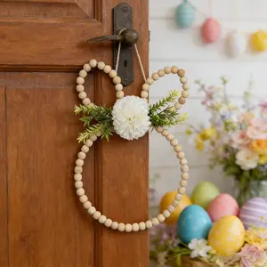 Easter Bunny Wreath - Wooden Beaded Rabbit Shaped Hanging Decor with White Floral Accent, Perfect Easter Gift for Home Wall Door Decoration, Party Decoration
