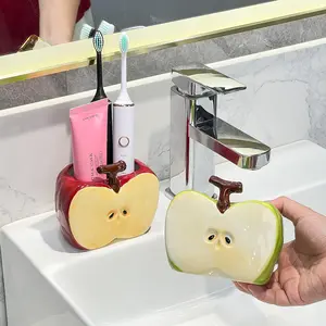 Half-Apple Ceramic New Electric Toothbrush Storage Rack, Bathroom Sink Toothbrush and Toothpaste Organizer