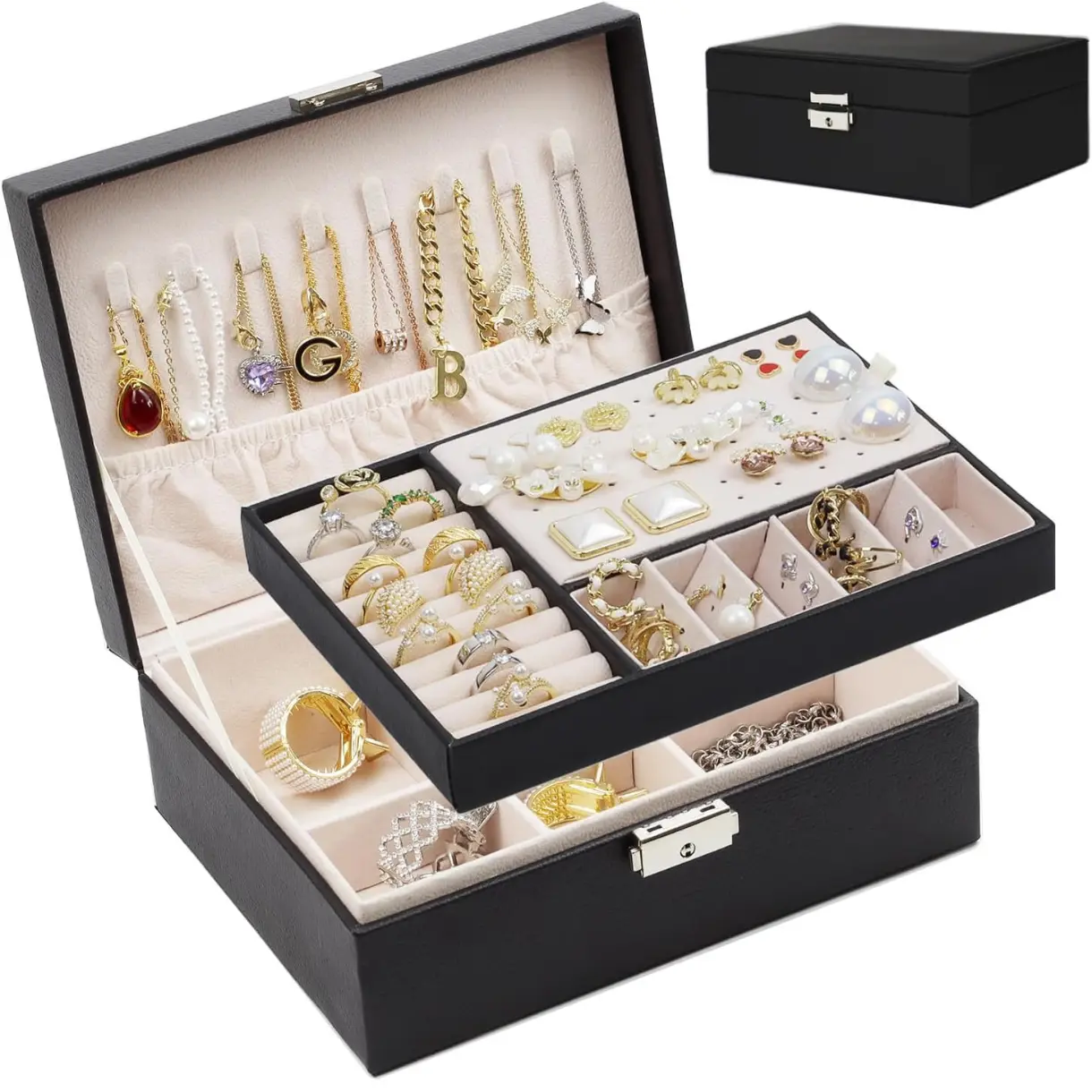 Jewelry Box Organizer for Women, Jewelry Organizers 2 Layer Jewelry Storage Box PU Leather with Lock for Women Girls Rings Earrings Necklace Bracelets, Black