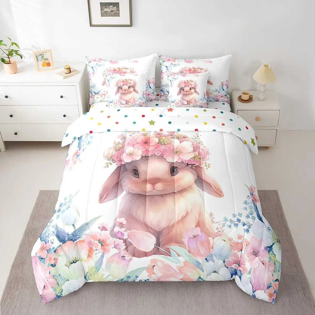 Feelyou 7-Piece Animal-Inspired Cute Rabbit Bedding Set - Cartoon Bunny Bed-in-A-Bag with Flower Prints, Bedroom Blanket, Sheets, Pillowcases, Cushion Cover, Multi-Size, Machine Washable, Bed Blanket Comforter