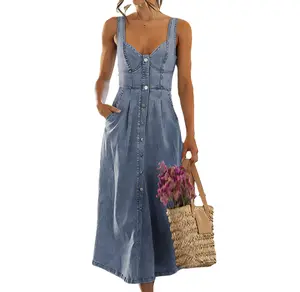 Ebossy Stretchy Smocked Denim Dress for Women Sleeveless Babydoll Button Down Midi Long Jean Dresses