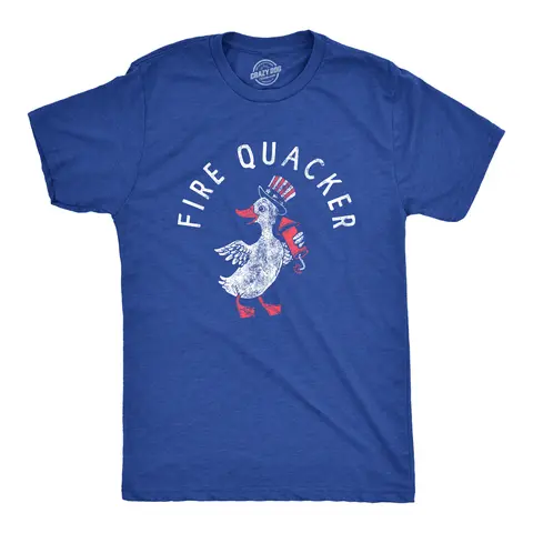 Mens Fire Quacker T Shirt Funny Sarcastic Fourth Of July Party Duck Fireworks Joke Graphic Tee for Guys Mens Funny T Shirts Cool Vintage Fashion T-Shirt Gift Classic Menswear Patriotic Shirts for Men Funny Royal