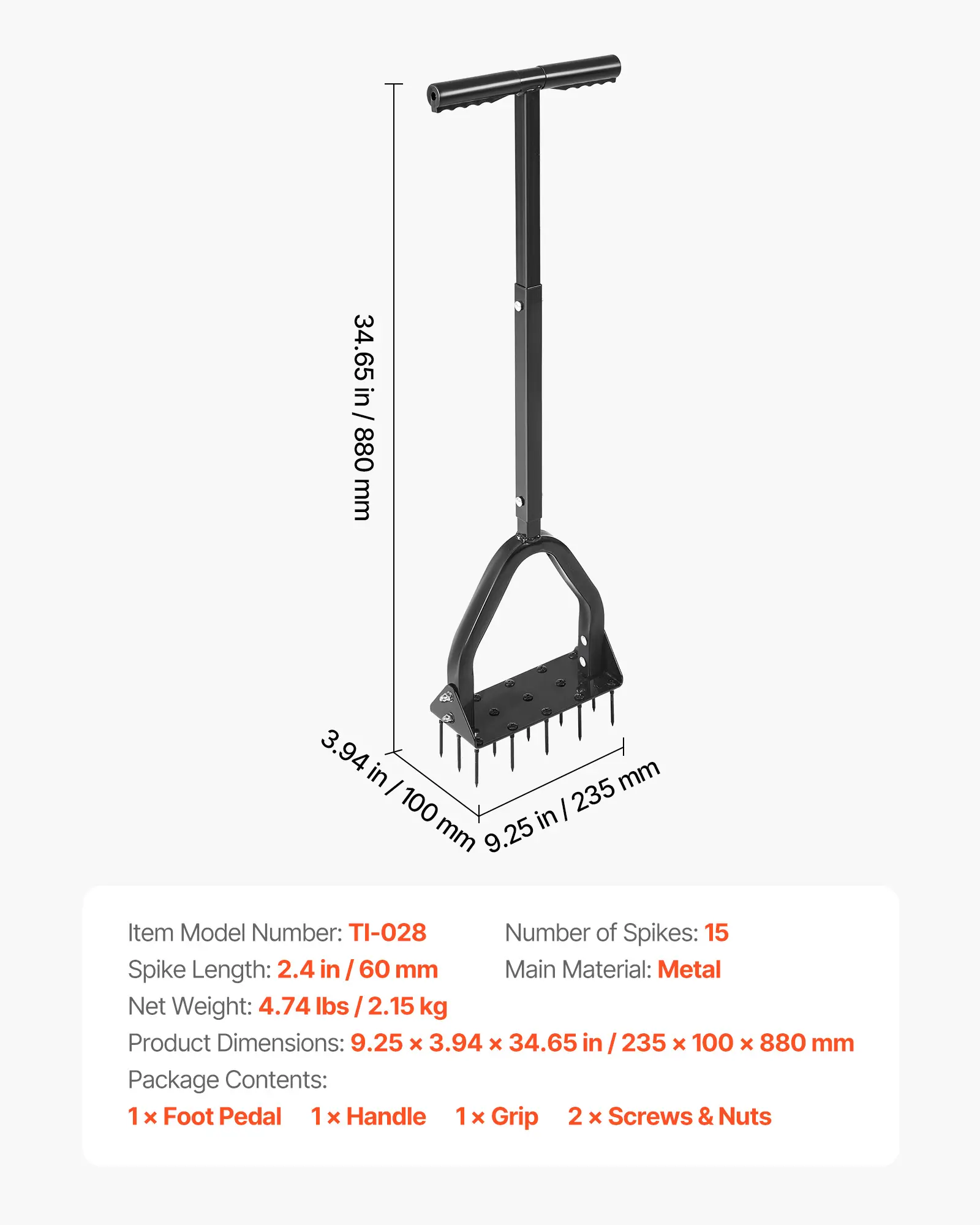 VEVOR Lawn Aerator, 9.2 in Manual Core Aerator Tool with 15 Iron Spikes ...