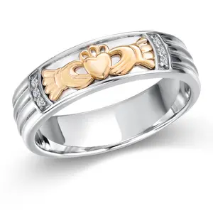 Gem Stone King White Lab Grown Diamond Irish Claddagh Ring | 925 Silver and 10K Yellow Gold | Friendship Love Marriage Celtic Lucky Jewelry Birthday Promise Ring | Available In Size 7 - 13