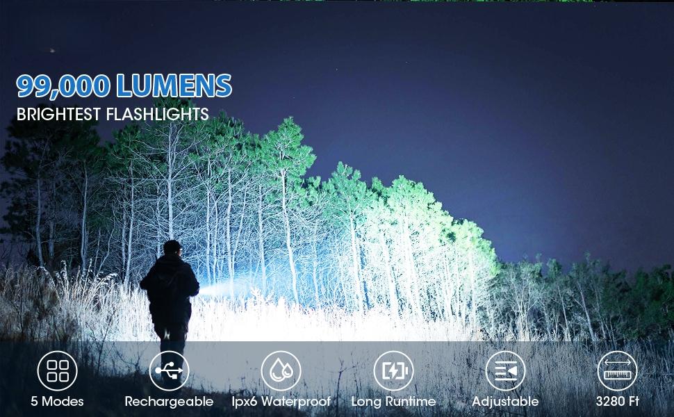 99,000 Lumens Rechargeable LED Flashlight | Ultra Bright High Lumens Flash Light with 5 Lighting Modes | Powerful IPX7 Waterproof Handheld Torch for Camping, Hiking, Home & Power Outages | Must-Have Outdoor & Emergency Gift daily corner