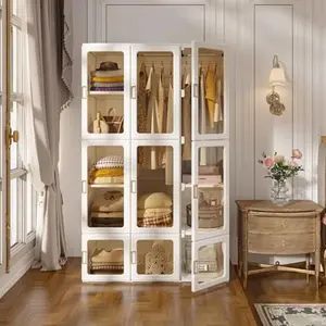 Portable Wardrobe Closet Storage Organizer for Clothes, Suitable for Living Room, Bedroom, Plastic Wardrobe with Magnetic Trans