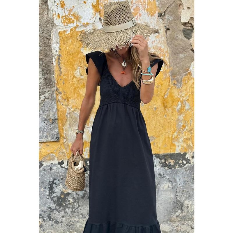 Black V Neck Flutter Sleeve Smocked Bodice High Waist Ruffle Maxi Dress