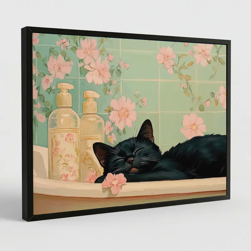 Black Cat in A Bathtub Poster, Relaxation Poster, Japanese Bathroom Wall Art, Neutral Japandi Print