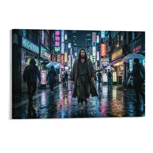 Middle Eastern Skin Jesus Canvas Painting - Cyberpunk Neon Tokyo Rainy Street Design, Vibrant Colors, Premium Canvas, Wall Art for Urban Home Decor, All - Season Decor