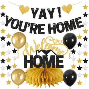Welcome Home Banner Decorations for Men Women, Black Gold Glitter Banner for Military Army Returning, Welcome Home Balloons Hanging Sign Party Supplies, Military Army Homecoming Sign Decor