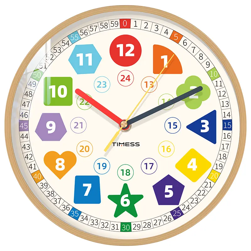 TIMESS Creative Plastic Round Modern Wood Grain Children's Early Learning Wall Clock, Colorful Pattern Teaching Clock (10-12 in), Silent Sweep Movement, Room Decor & Teaching Aid, Ideal Birthday Gift