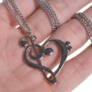 Music Note Heart Necklace of Treble and Bass Clef Women Love Charm Pendant Stainless Steel Jewelry Gift for Music Lovers