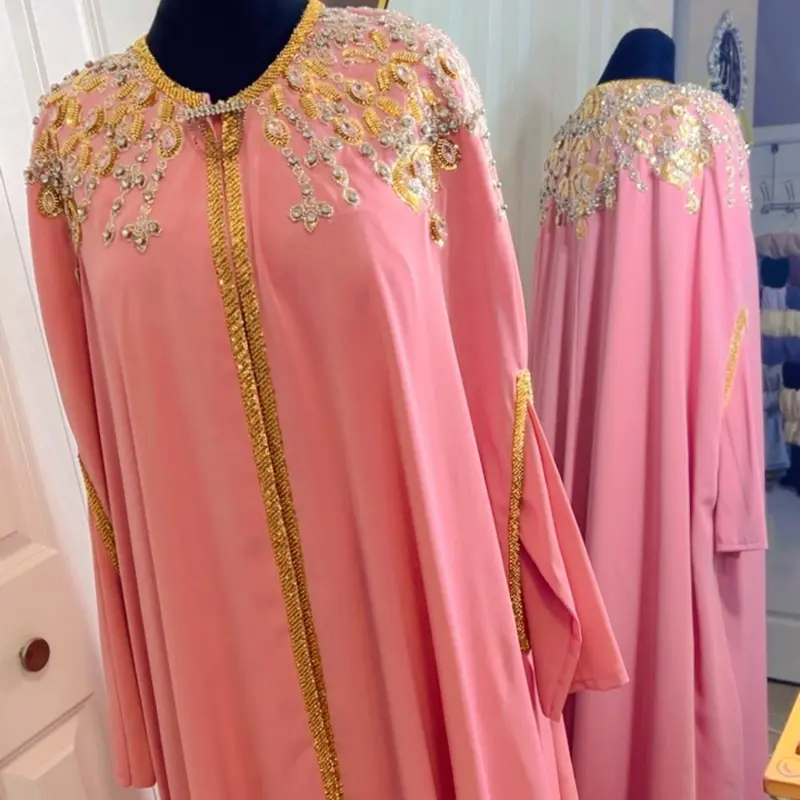 Turkish Caftan - Pink with Gold Embroidery and Beading, Long Sleeve, Elegant Design