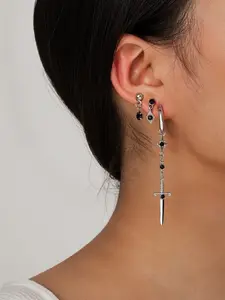 Dark Style Sword Chain Earrings Set, Silver Color Cool Zircon Multi-Piercing Ear Jewelry, Trendy Unisex Accessory