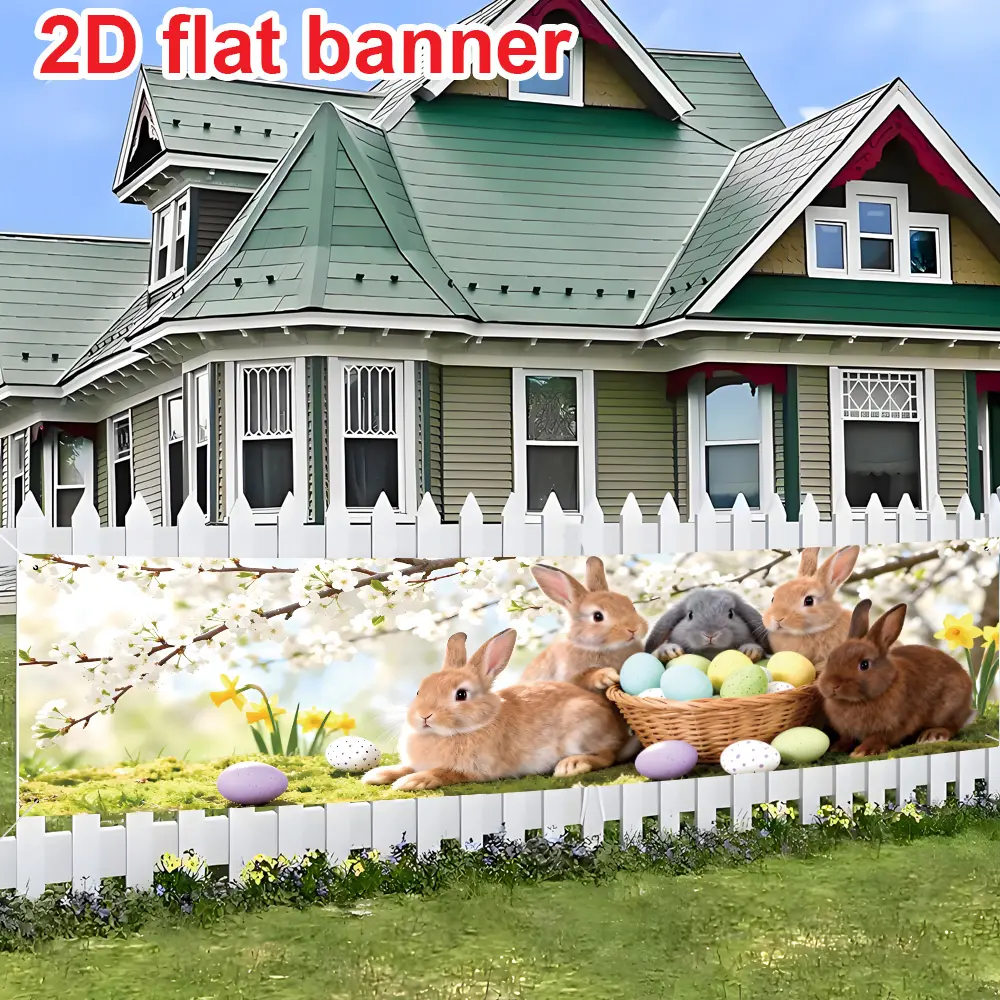 Happy Easter Banner with Bunny, Colorful Eggs, Basket, Spring Flowers, Durable Polyester Fiber Yard Sign, Indoor/outdoor Decoration