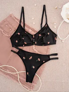 Women's Ditsy Floral Print Wireless Bra & Panty Two-piece Set, Comfy Breathable Bra & Panty Set, Lingerie Set for Women