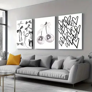 Framed 3pcs canvas print wall art Modern wooden frame with bows, disco balls and hearts aesthetic room decor Gift Hanging