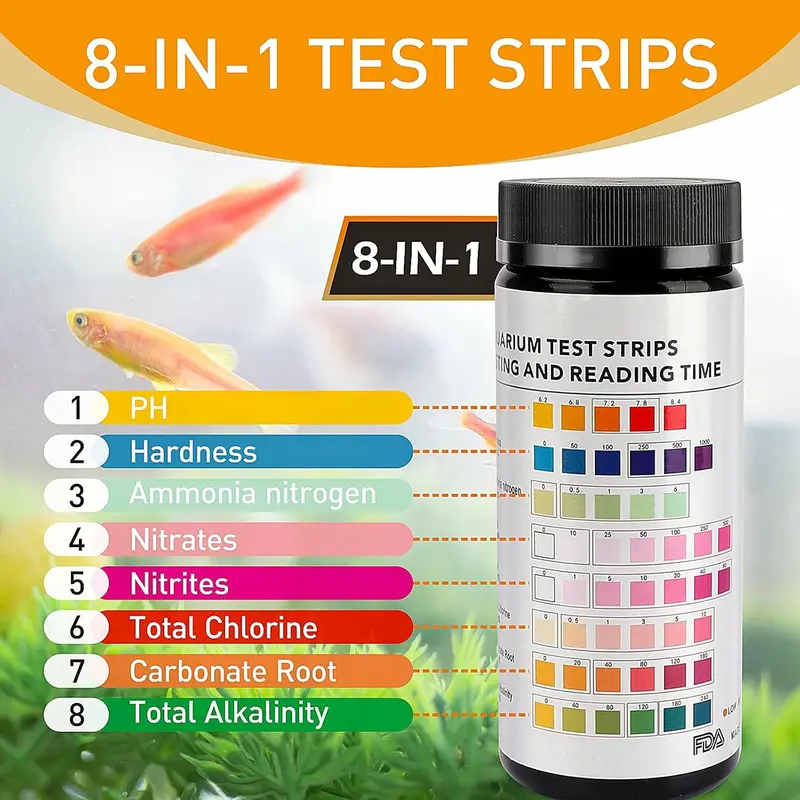 Hygger 8-in-1 Aquarium Test Strips (50&100ct) - Fast Fish Tank Water Testing Kit for Aquatic Fish, Measures Ammonia, Hardness, Nitrate, pH, Alkalinity, Chlorine, 8-In-1 Test Strips