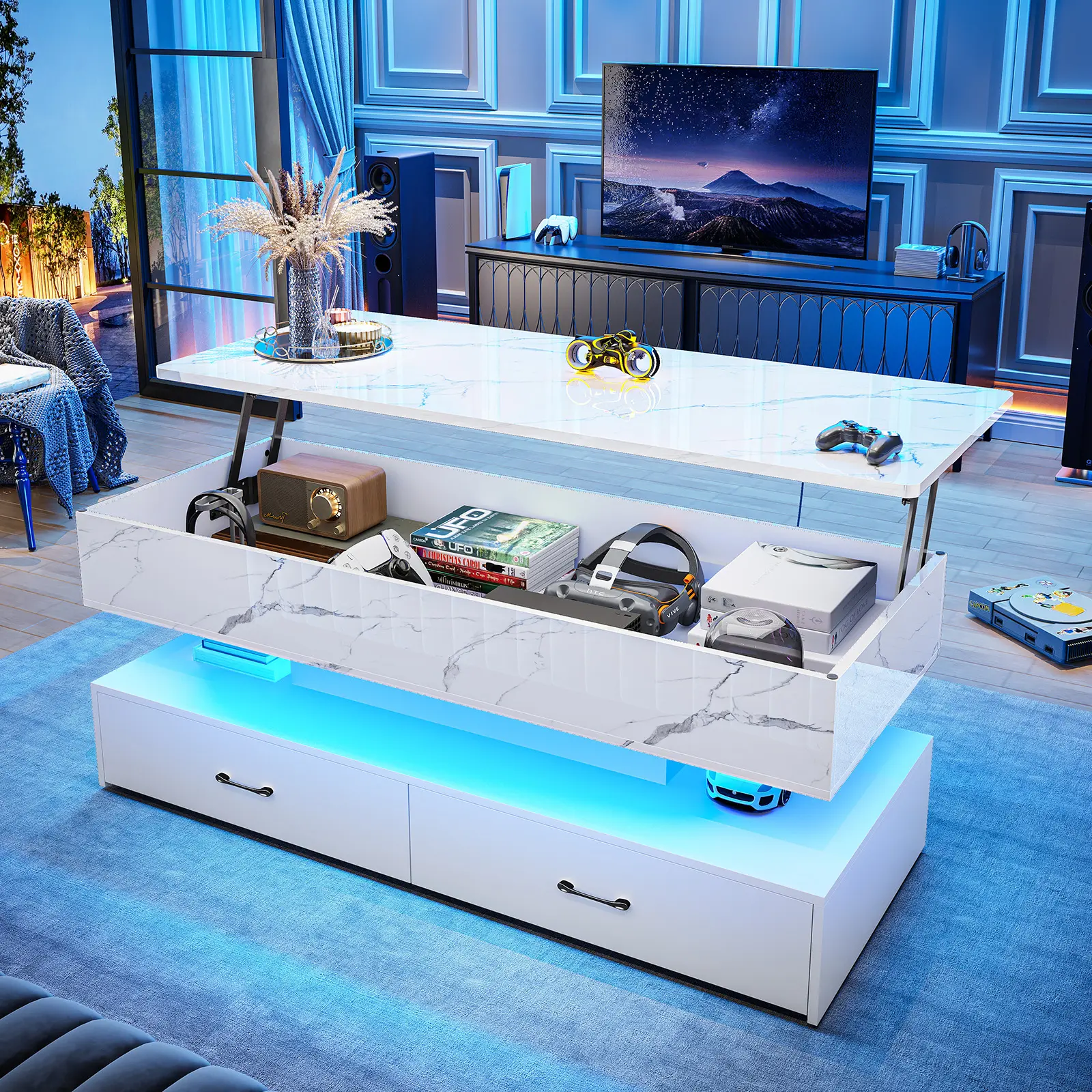 Sedeta Modern High-Gloss Rectangular Marble Coffee Table - 47.2x19.7in Sturdy Metal-Wood Space Saving Indoor Furniture, 2 Drawers, Storage, Power Outlet Charging Station, LED Light, Drawer-Style Convertible, Furniture Living Room for Living Room Decor