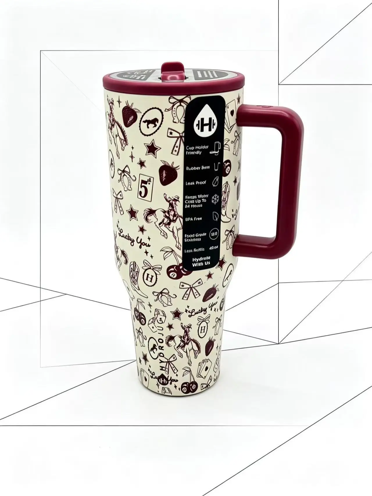 HydroJug 40oz Insulated Stainless Steel Tumbler - Lucky You Western Cowboy Print, Insulated Vacuum Drinkware, Handle, Portable Leakproof Wide Mouth, Cold Drink Flask for Father's Day