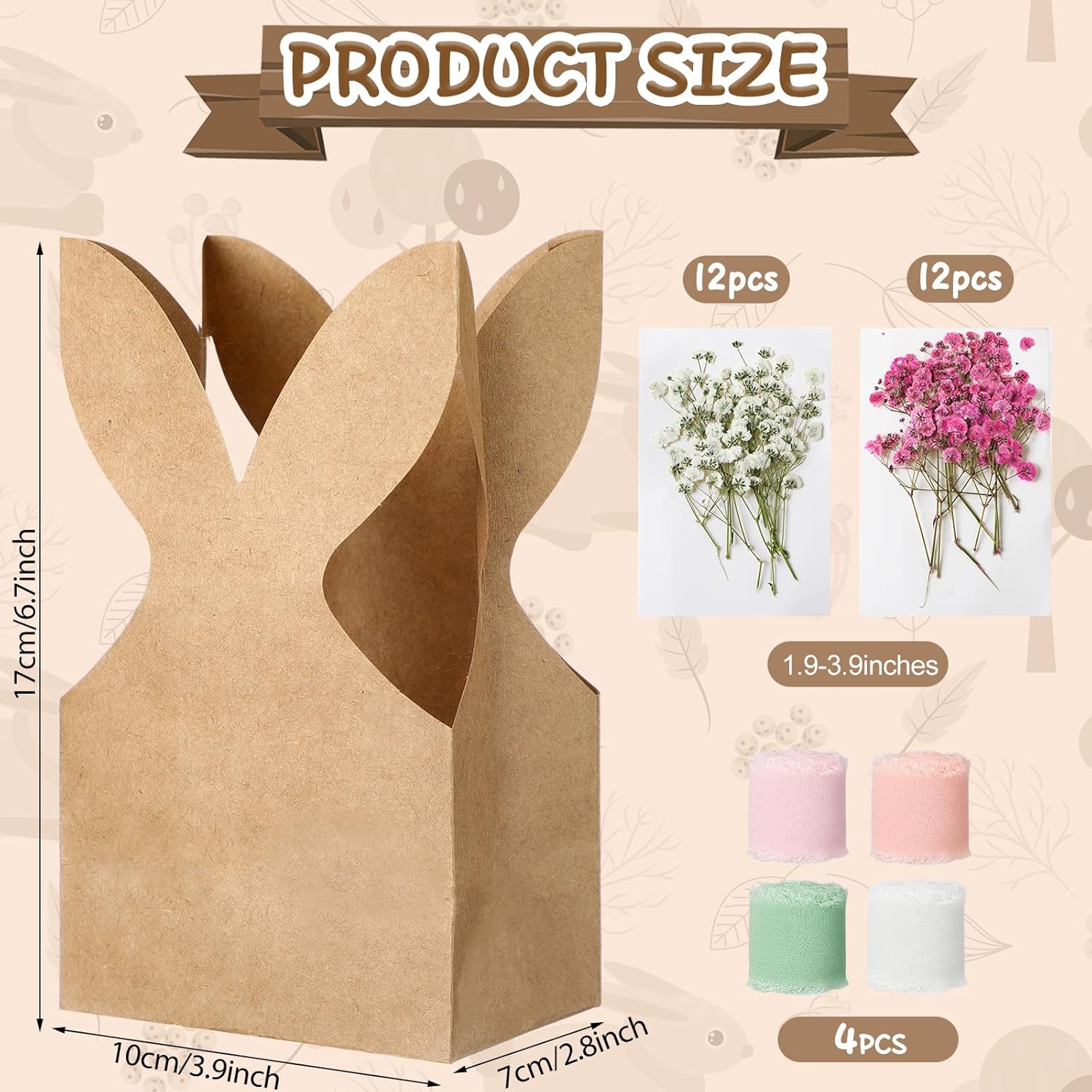 24/48 Pcs Boho Bow Easter Goodie Bags Bunny Paper Bags DIY Bunny Gift Boxes with Neutral Bow Ribbon Artificial Flower Rabbit Ear Treat Bags for Student Teacher Office Employee Coworker,School Classroom Table Decorations,Spring Birthday Wedding Party Favor
