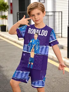 Boys' Deep Ronaldo Uefa Celebration Anime Style T-Shirt & Track Shorts, Full Print Design, Casual Summer, Party & School Wear