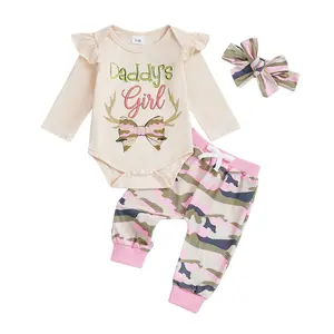 Baby Girl Fall Outfit Deer Hunting Clothes Daddy's Girl Ruffle Bodysuit Long Sleeve Romper Camouflage Jogger Pants Headband Cute Newborn Coming Home Outfit Cake Smash Photo