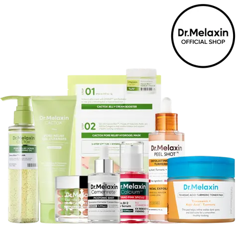 [Dr.Melaxin Official] 8-Step Glass Skin Routine, 8-Piece | Cactox Double Cleanse, Kojic Toner Pad, Peel Shot, Spicule & Niacinamide Serum, Cactox Mask & Capsule Cream | Pore, Blemish & Glow Care | Korean Skin Care Set